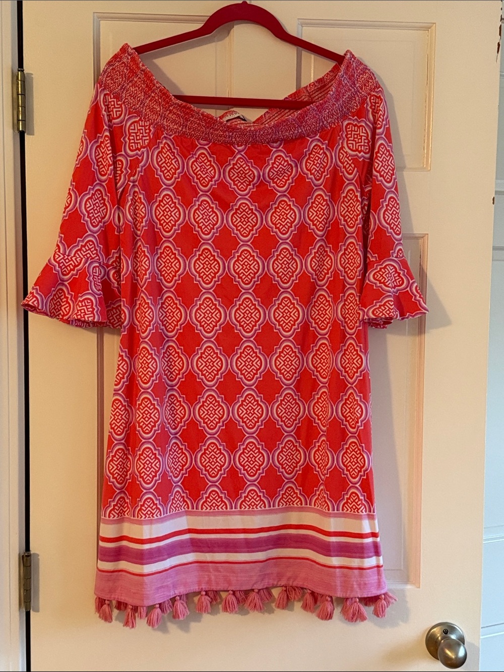 Cabana Life Pink Patterned Off-Shoulder Tassel-Hem Coverup sz XL